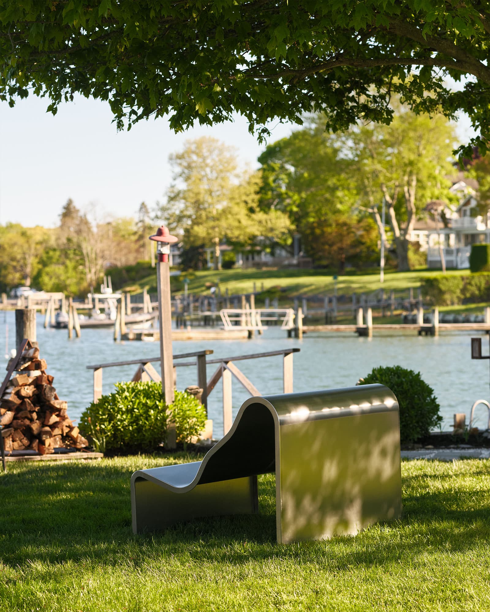 Outdoor seating, harbor-facing.