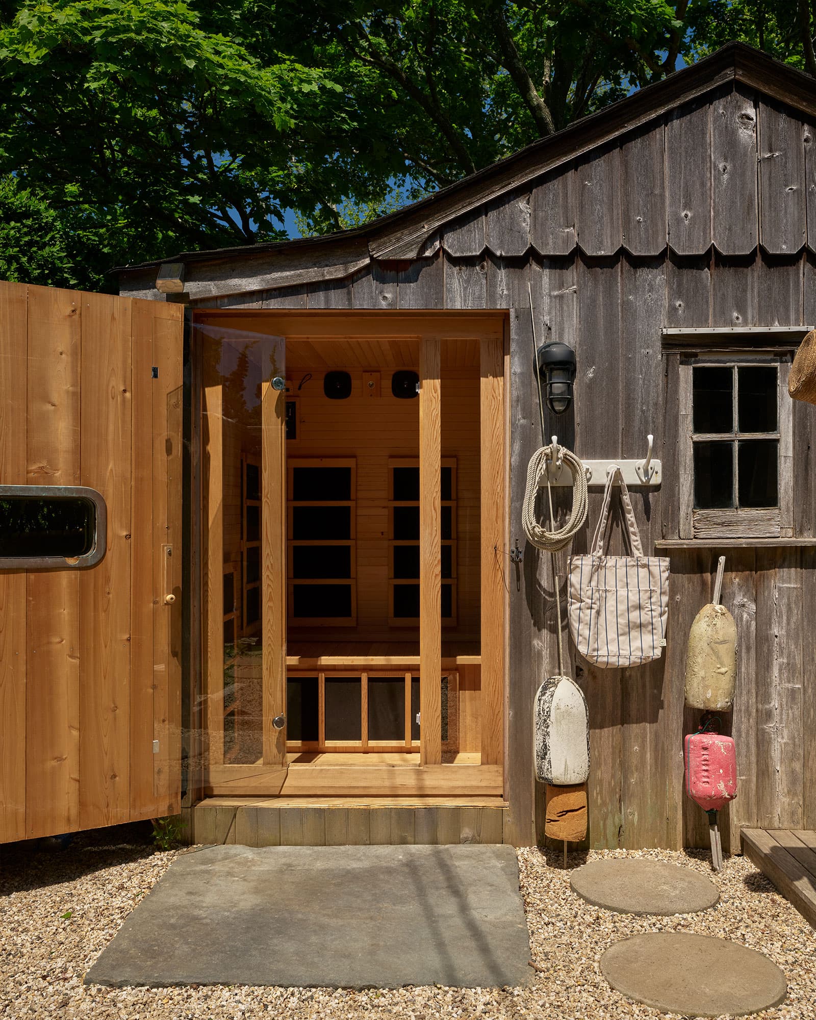 Outdoor cedar sauna.